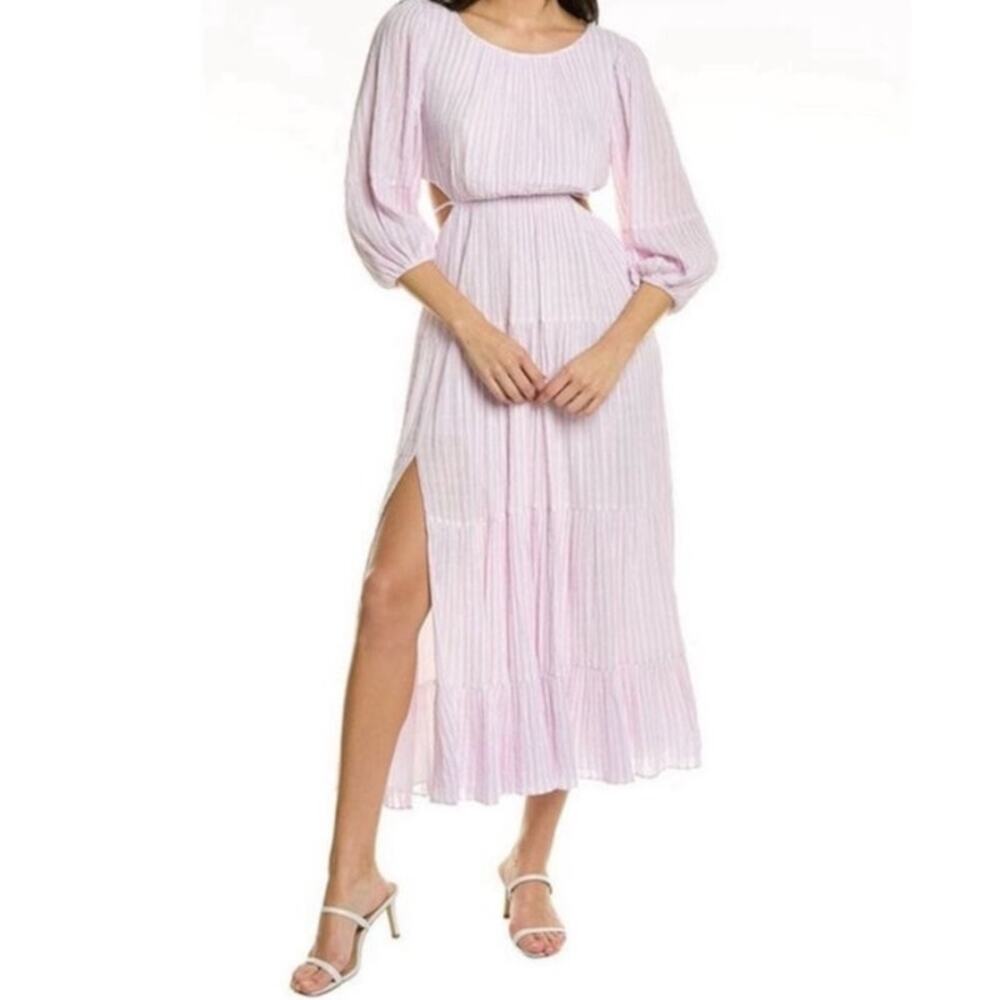Cinq A Sept Lyle Midi Dress Cutout Striped Smocked Pale Iris Purple Size 8 Glam
